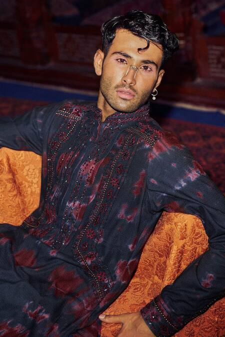 Sarab Khanijou Blue Herringbone Rivets Embroidered Kurta And Pant Set Online at Aza Fashions Sarab Khanijou_Blue Herringbone Rivets Embroidered Kurta And Pant Set _Online_at_Aza_Fashions