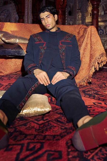 Sarab Khanijou Blue Sandwash Embroidery Geometric Bandhgala Set 