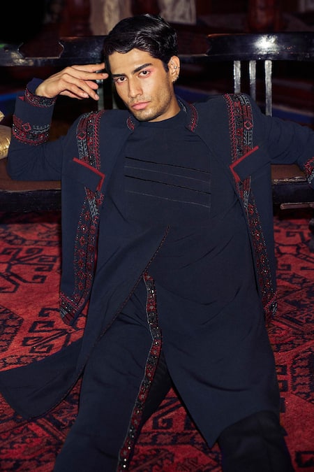 Shop Sarab Khanijou Blue Sandwash Embroidery Geometric Bandhgala Set at Aza Fashions Shop_Sarab Khanijou_Blue Sandwash Embroidery Geometric Bandhgala Set _at_Aza_Fashions