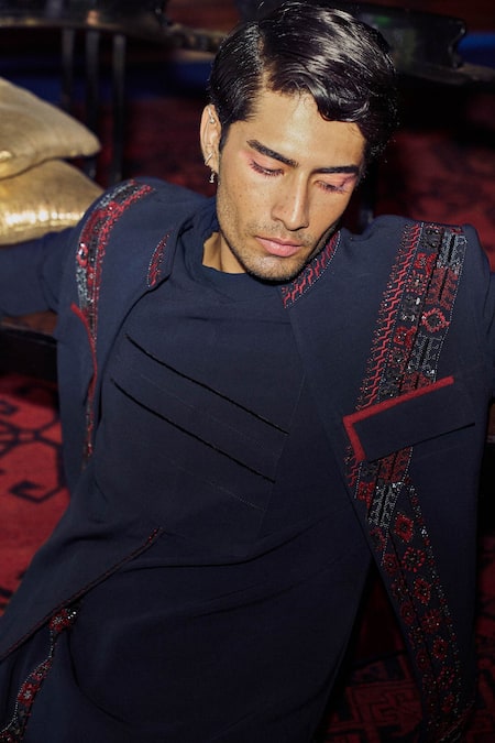 Sarab Khanijou Blue Sandwash Embroidery Geometric Bandhgala Set Online at Aza Fashions Sarab Khanijou_Blue Sandwash Embroidery Geometric Bandhgala Set _Online_at_Aza_Fashions