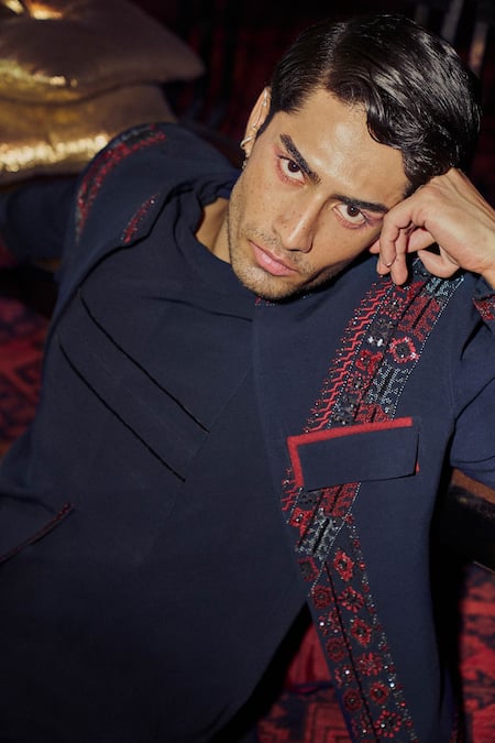 Buy Sarab Khanijou Blue Sandwash Embroidery Geometric Bandhgala Set Online at Aza Fashions Buy_Sarab Khanijou_Blue Sandwash Embroidery Geometric Bandhgala Set _Online_at_Aza_Fashions