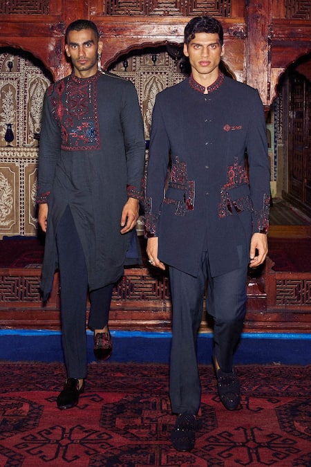 Shop Sarab Khanijou Blue Sandwash Geometric Embroidered Bandhgala And Trouser Set at Aza Fashions Shop_Sarab Khanijou_Blue Sandwash Geometric Embroidered Bandhgala And Trouser Set _at_Aza_Fashions