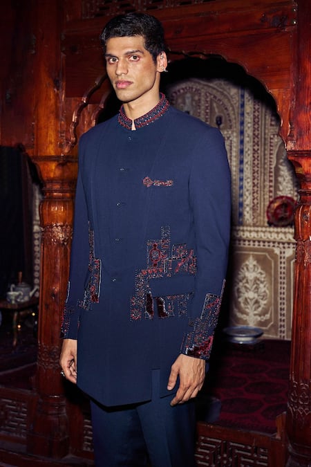 Sarab Khanijou Blue Sandwash Geometric Embroidered Bandhgala And Trouser Set Online at Aza Fashions Sarab Khanijou_Blue Sandwash Geometric Embroidered Bandhgala And Trouser Set _Online_at_Aza_Fashions