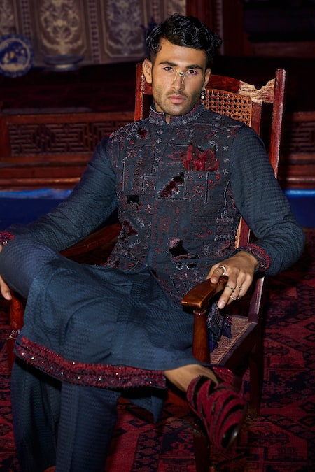 Sarab Khanijou Blue Herringbone Floral And Geometric Embroidered Bundi & Kurta Set 