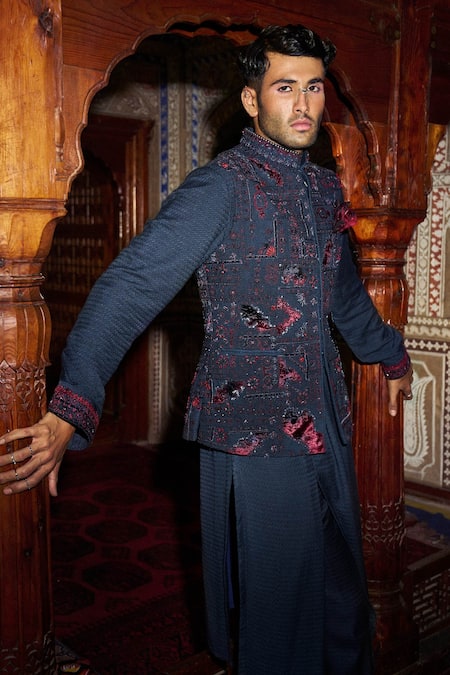 Shop Sarab Khanijou Blue Herringbone Floral And Geometric Embroidered Bundi & Kurta Set at Aza Fashions Shop_Sarab Khanijou_Blue Herringbone Floral And Geometric Embroidered Bundi & Kurta Set _at_Aza_Fashions