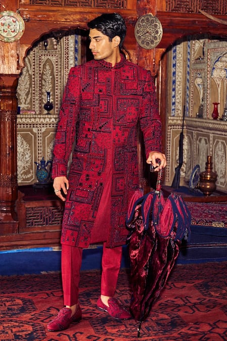 Sarab Khanijou Red Sherwani Herringbone Embroidery Geometric Set 