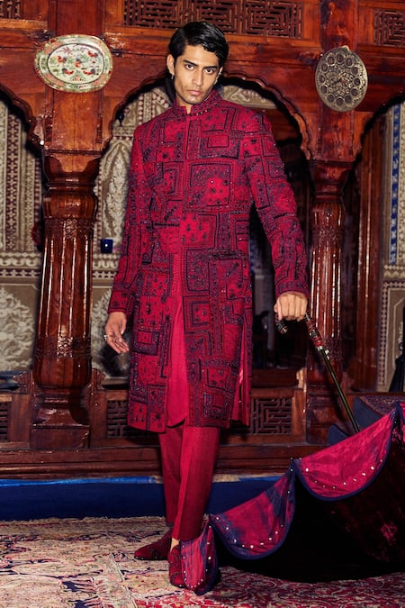 Shop Sarab Khanijou Red Kurta And Pant Pure Silk, Sherwani Herringbone Geometric Embroidered Set at Aza Fashions Shop_Sarab Khanijou_Red Kurta And Pant Pure Silk, Sherwani Herringbone Geometric Embroidered Set _at_Aza_Fashions