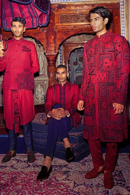 Sarab Khanijou Red Kurta And Pant Pure Silk, Sherwani Herringbone Geometric Embroidered Set Online at Aza Fashions Sarab Khanijou_Red Kurta And Pant Pure Silk, Sherwani Herringbone Geometric Embroidered Set _Online_at_Aza_Fashions