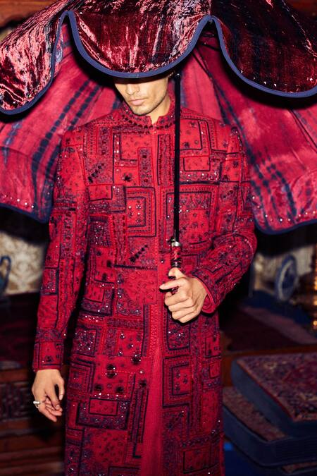 Buy Sarab Khanijou Red Kurta And Pant Pure Silk, Sherwani Herringbone Geometric Embroidered Set Online at Aza Fashions Buy_Sarab Khanijou_Red Kurta And Pant Pure Silk, Sherwani Herringbone Geometric Embroidered Set _Online_at_Aza_Fashions