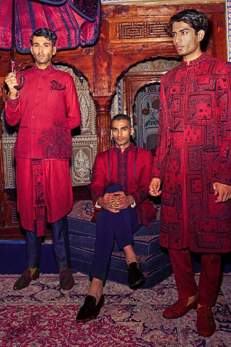 Shop Sarab Khanijou Red Herringbone Floral Embroidered Bundi And Kurta Set at Aza Fashions Shop_Sarab Khanijou_Red Herringbone Floral Embroidered Bundi And Kurta Set _at_Aza_Fashions
