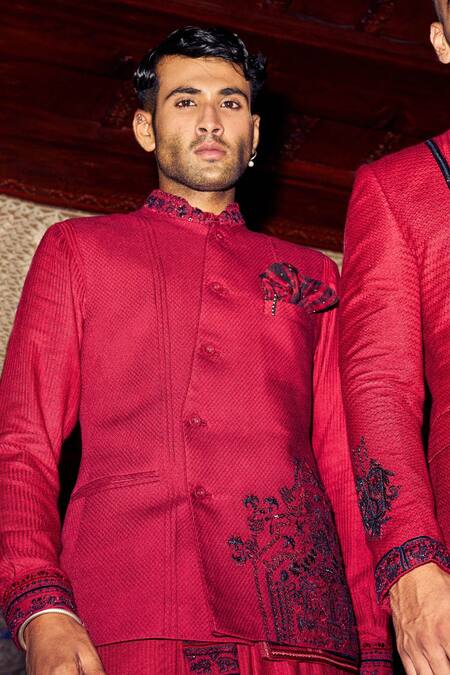 Buy Sarab Khanijou Red Herringbone Floral Embroidered Bundi And Kurta Set Online at Aza Fashions Buy_Sarab Khanijou_Red Herringbone Floral Embroidered Bundi And Kurta Set _Online_at_Aza_Fashions