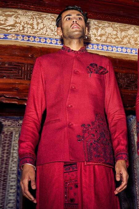 Shop Sarab Khanijou Red Herringbone Floral Embroidered Bundi And Kurta Set Online at Aza Fashions Shop_Sarab Khanijou_Red Herringbone Floral Embroidered Bundi And Kurta Set _Online_at_Aza_Fashions