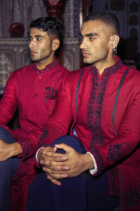 Sarab Khanijou_Red Bandhgala Herringbone, Pant Sandwash Paisley Embroidered And Trouser Set _Online_at_Aza_Fashions