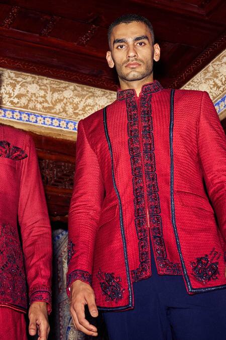 Shop_Sarab Khanijou_Red Bandhgala Herringbone, Pant Sandwash Paisley Embroidered And Trouser Set _Online_at_Aza_Fashions