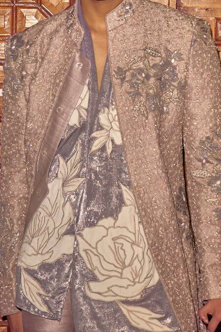 Shop Sarab Khanijou Purple Raw Silk Foil Patch Work Embroidered Sherwani And Trouser Set at Aza Fashions Shop_Sarab Khanijou_Purple Raw Silk Foil Patch Work Embroidered Sherwani And Trouser Set _at_Aza_Fashions