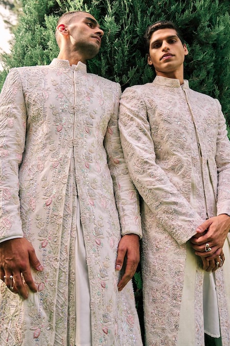 Sarab Khanijou_Ivory Kurta And Pant Cotton Silk, Sherwani Herringbone Dori Embroidered Set _Online_at_Aza_Fashions