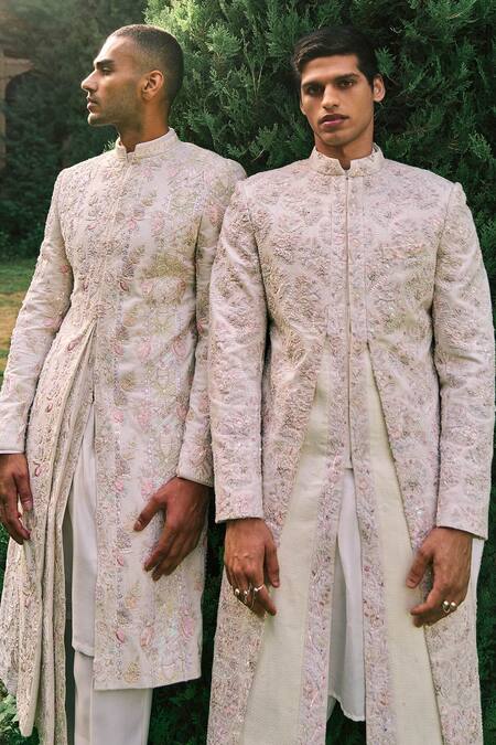 Buy_Sarab Khanijou_Ivory Kurta And Pant Cotton Silk, Sherwani Herringbone Dori Embroidered Set _Online_at_Aza_Fashions