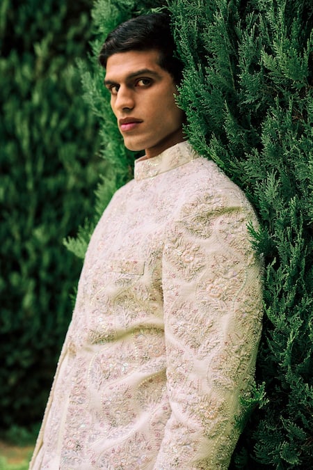 Shop_Sarab Khanijou_Ivory Kurta And Pant Cotton Silk, Sherwani Herringbone Dori Embroidered Set _Online_at_Aza_Fashions