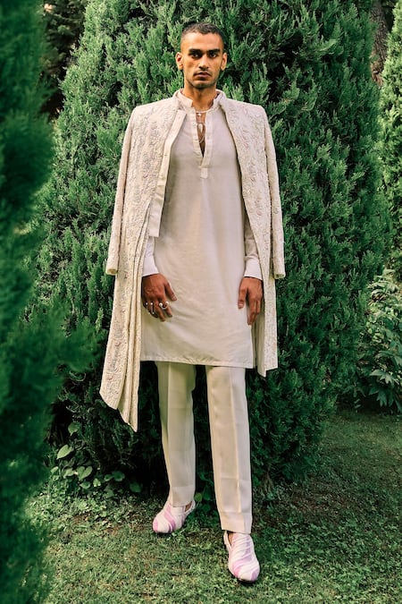 Sarab Khanijou Ivory Kurta And Pant Cotton Silk, Sherwani Herringbone Stripe Embroidered Set 