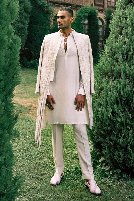 Shop Sarab Khanijou Ivory Kurta And Pant Cotton Silk, Sherwani Herringbone Stripe Embroidered Set at Aza Fashions Shop_Sarab Khanijou_Ivory Kurta And Pant Cotton Silk, Sherwani Herringbone Stripe Embroidered Set _at_Aza_Fashions