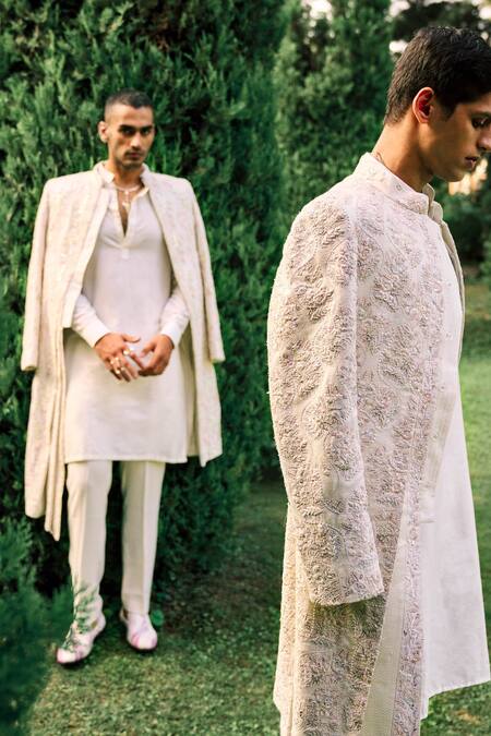 Sarab Khanijou Ivory Kurta And Pant Cotton Silk, Sherwani Herringbone Stripe Embroidered Set Online at Aza Fashions Sarab Khanijou_Ivory Kurta And Pant Cotton Silk, Sherwani Herringbone Stripe Embroidered Set _Online_at_Aza_Fashions