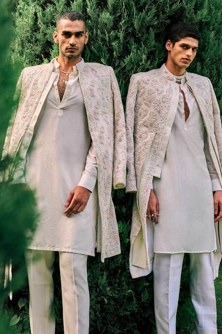 Buy Sarab Khanijou Ivory Kurta And Pant Cotton Silk, Sherwani Herringbone Stripe Embroidered Set Online at Aza Fashions Buy_Sarab Khanijou_Ivory Kurta And Pant Cotton Silk, Sherwani Herringbone Stripe Embroidered Set _Online_at_Aza_Fashions