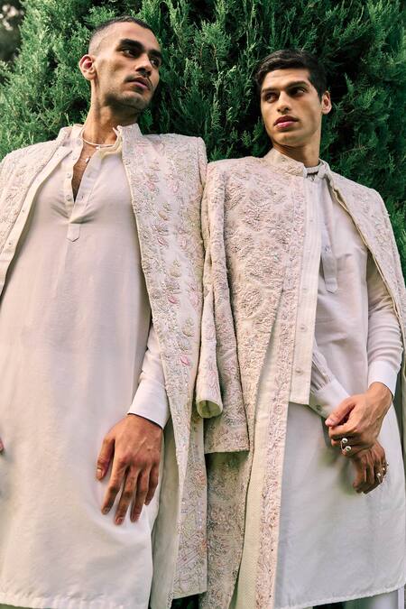 Shop Sarab Khanijou Ivory Kurta And Pant Cotton Silk, Sherwani Herringbone Stripe Embroidered Set Online at Aza Fashions Shop_Sarab Khanijou_Ivory Kurta And Pant Cotton Silk, Sherwani Herringbone Stripe Embroidered Set _Online_at_Aza_Fashions