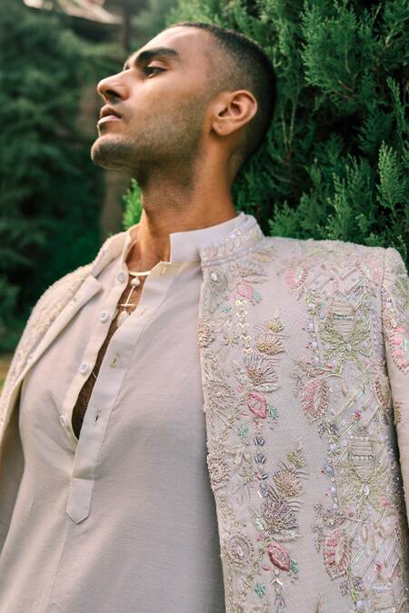 Sarab Khanijou Ivory Kurta And Pant Cotton Silk, Sherwani Herringbone Stripe Embroidered Set at Aza Fashions Sarab Khanijou_Ivory Kurta And Pant Cotton Silk, Sherwani Herringbone Stripe Embroidered Set _at_Aza_Fashions