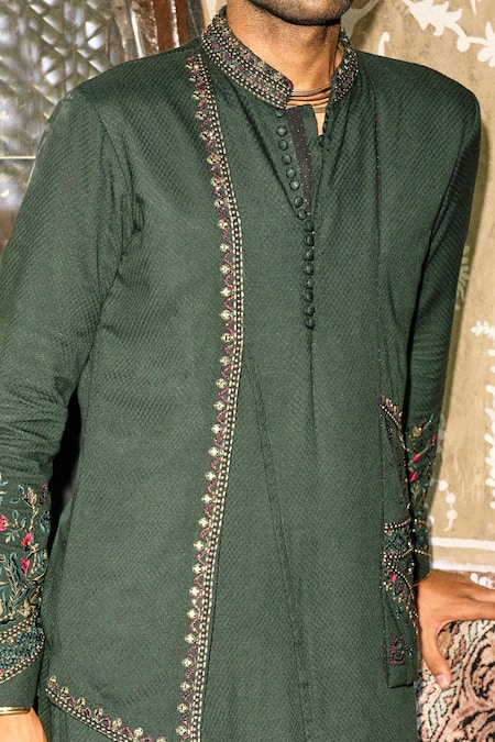 Shop Sarab Khanijou Green Kurta Herringbone, Pant Sandwash Floral Embroidered And Set at Aza Fashions Shop_Sarab Khanijou_Green Kurta Herringbone, Pant Sandwash Floral Embroidered And Set _at_Aza_Fashions