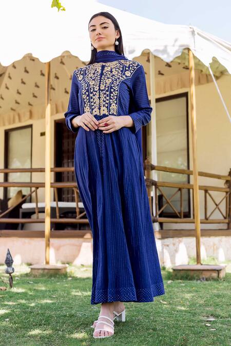 Missprint_Blue Kurtacotton Lurex Dupattachiffon Polka Dot Floral Kurta With Dupatta _Online_at_Aza_Fashions