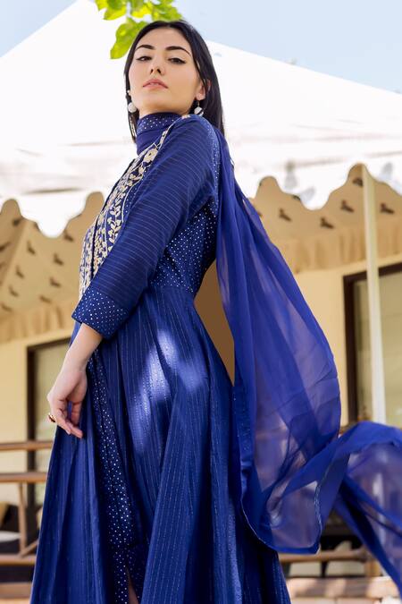 Buy_Missprint_Blue Kurtacotton Lurex Dupattachiffon Polka Dot Floral Kurta With Dupatta _Online_at_Aza_Fashions