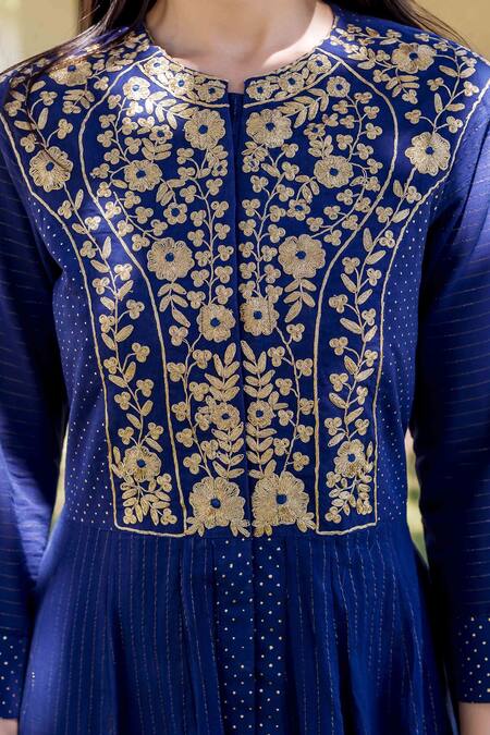 Shop_Missprint_Blue Kurtacotton Lurex Dupattachiffon Polka Dot Floral Kurta With Dupatta _Online_at_Aza_Fashions