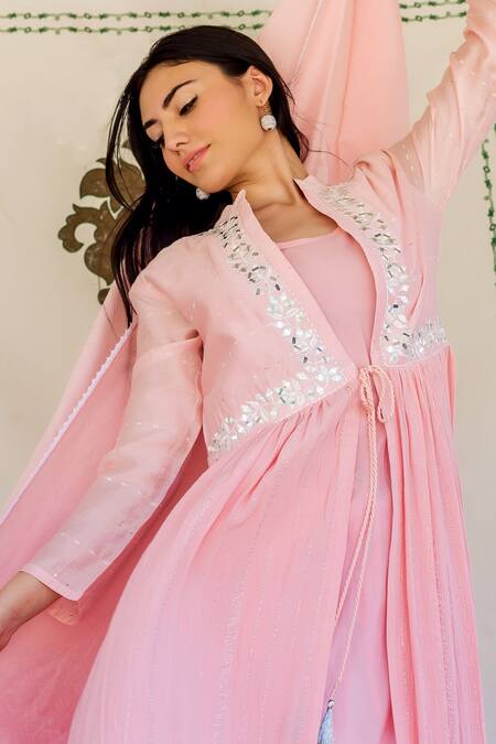 Shop_Missprint_Pink Jacketchanderi And Lurexinner & Pant Cotton Gathered Jacket & Palazzo Set_Online_at_Aza_Fashions