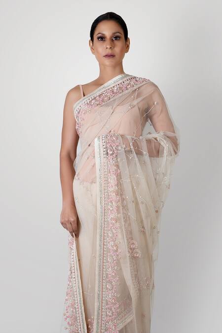 Kavita D_White Net Embroidered Saree _Online_at_Aza_Fashions