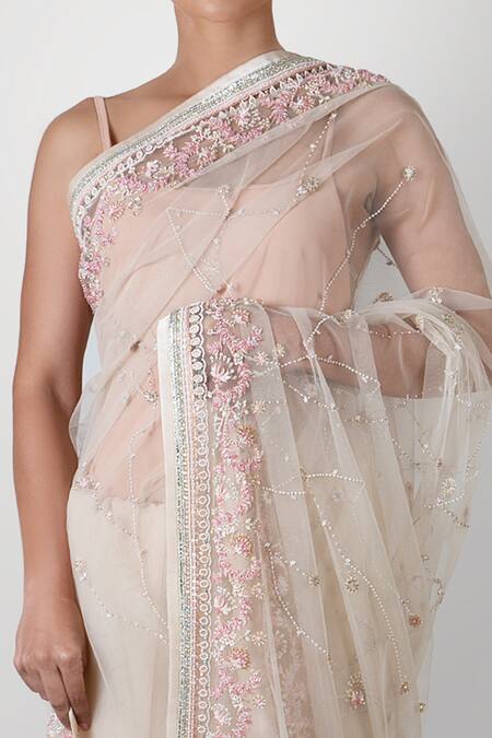 Buy_Kavita D_White Net Embroidered Saree _Online_at_Aza_Fashions