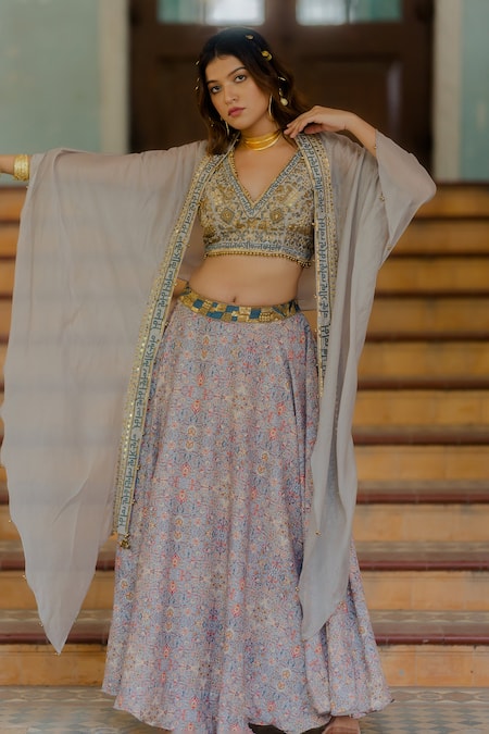 Nikita Vishakha Grey , Raw Resham, Persian Carpet Pattern, Metal Printed Lehenga Set 
