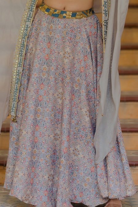 Nikita Vishakha_Grey , Raw Resham, Persian Carpet Pattern, Metal Printed Lehenga Set_at_Aza_Fashions