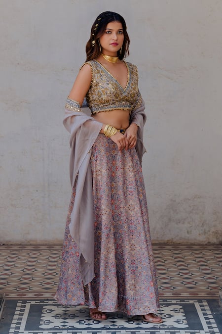 Nikita Vishakha_Grey , Raw Resham, Persian Carpet Pattern, Metal Printed Lehenga Set_Online_at_Aza_Fashions