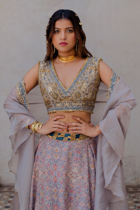 Buy_Nikita Vishakha_Grey , Raw Resham, Persian Carpet Pattern, Metal Printed Lehenga Set_Online_at_Aza_Fashions