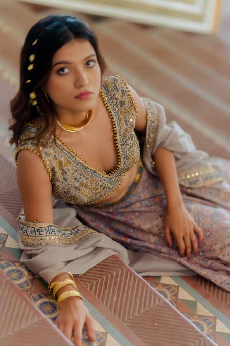 Shop_Nikita Vishakha_Grey , Raw Resham, Persian Carpet Pattern, Metal Printed Lehenga Set_Online_at_Aza_Fashions