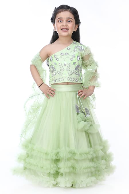 Shining Kanika Green Net And Organza Embroidery Sequin & One Shoulder Lehenga Set  