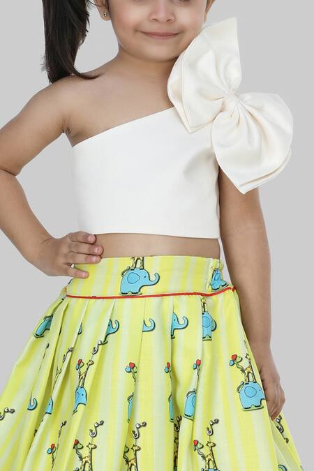 Buy_Shining Kanika_Green , Satin Bows Silk Crop Top And Skirt Set_Online_at_Aza_Fashions