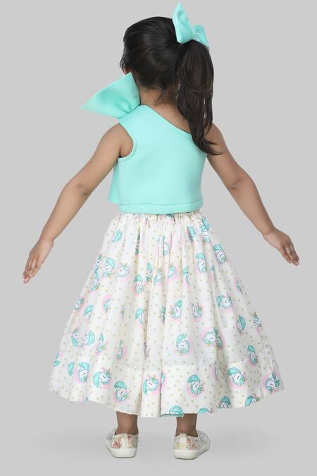 Shop_Shining Kanika_Blue Neoprene, Cotton Beads, Bows One Shoulder Crop Top And Skirt Set_at_Aza_Fashions