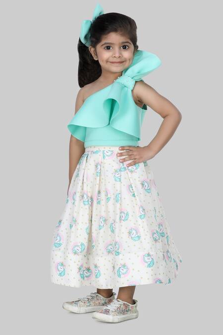 Shining Kanika_Blue Neoprene, Cotton Beads, Bows One Shoulder Crop Top And Skirt Set_Online_at_Aza_Fashions