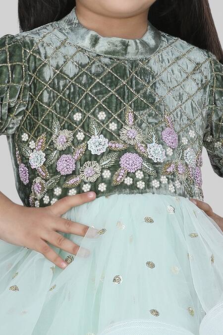 Buy_Shining Kanika_Green Velvet, Net, Cotton Sequins, Beads Anarkali_Online_at_Aza_Fashions