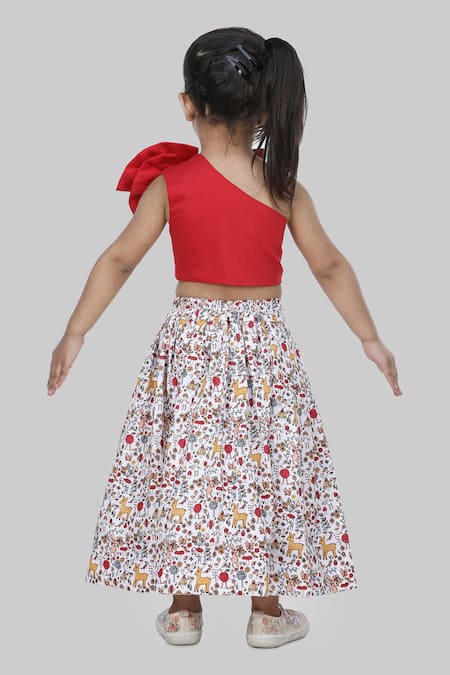 Shop_Shining Kanika_Red Cotton, Silk Bows Crop Top And Skirt Set_at_Aza_Fashions