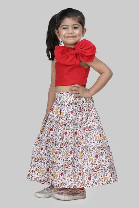 Shining Kanika_Red Cotton, Silk Bows Crop Top And Skirt Set_Online_at_Aza_Fashions
