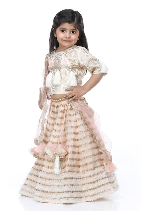 Shining Kanika_Peach Brocade, Cotton, Organza Tassels, Sequins Lehenga Set _Online_at_Aza_Fashions