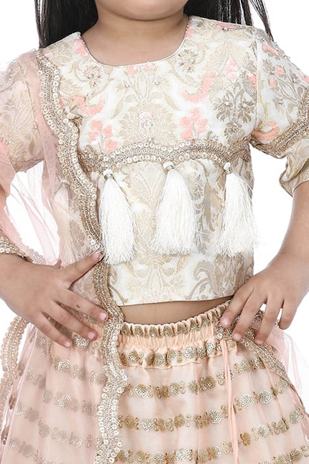 Buy_Shining Kanika_Peach Brocade, Cotton, Organza Tassels, Sequins Lehenga Set _Online_at_Aza_Fashions