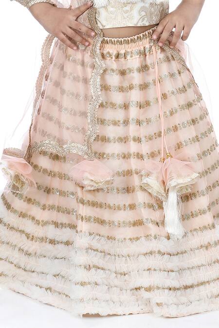 Shop_Shining Kanika_Peach Brocade, Cotton, Organza Tassels, Sequins Lehenga Set _Online_at_Aza_Fashions